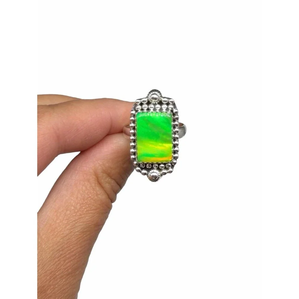 Aurora Fire Opal Ring Size 8 Solid 925 Sterling Silver Aura Lime Green